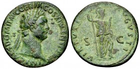 Domitianus AE As, Virtus reverse 

Domitianus (81-96 AD). AE As (28 mm, 10.08 g), Rome, AD 90-91.
Obv. IMP CAES DOMIT AVG GERM COS XV CENS PER P P,...