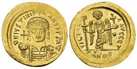 Iustinianus I AV Solidus, Constantinople 

Iustinianus I (527-565 AD). AV Solidus (21-22 mm, 4.43 g), Constantinople, c. 538-545.
 Obv. D N IVSTINI...