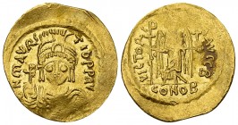 Mauricius Tiberius AV Solidus, Constantinople 

Mauricius Tiberius (582-602 AD). AV Solidus (21-22 mm, 4.38 g), Constantinople, 583-601.
 Obv. D N ...