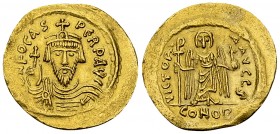 Phocas AV Solidus, Constantinople 

Phocas (602-610 AD). AV Solidus (20-22 mm, 4.39 g), Constantinople, 604-607.
 Obv. d N FOCAS PERP AVI, Draped a...