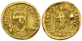 Phocas AV Solidus, Carthage 

Phocas (602-610 AD). AV Solidus (19&nbsp; mm, 4.16 g). Carthage, dated IY 9 ? (605/6).
Obv. D N FOCAS PЄRP AN Θ (?), ...