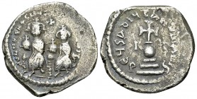 Heraclius AR Hexagram 

Heraclius, with Heraclius Constantinus (610-641 AD). AR Hexagram (24 mm, 6.36 g), Constantinopolis, c. 615. 
Obv. dd NN hER...