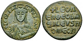 Leo VI AE Follis, Constantinople 

Leo VI (886-912 AD). AE Follis (25 mm, 7.35 g), Constantinopolis.
Obv. + LEOn bAS-ILEVS ROm, facing bust with cr...