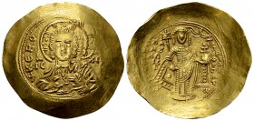 Manuel I Comnenus AV Hyperpyron 

Manuel I Comnenus (1143-1180). AV Hyperperon (28-30 mm, 4.60 g), Constantinopolis, c. 1143-1152.
Obv. +KERO - HΘE...