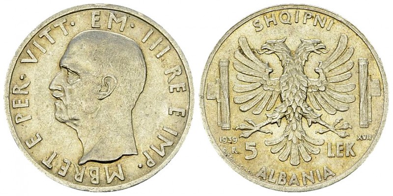 Albania AR 5 Lek 1939 R, Rome 

Albania. Vittorio Emanuele III. AR 5 Lek 1939 ...