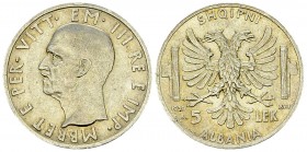Albania AR 5 Lek 1939 R, Rome 

Albania. Vittorio Emanuele III. AR 5 Lek 1939 R (5.00 g), Roma.
Montenegro 485.

SPL a FDC.