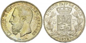 Belgique, AR 5 Francs 1873 

Belgique. Léopold II. AR 5 Francs 1873 (24.90 g).
KM 24.

Belle qualité. SUP.
