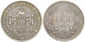 Alexander I AR 5 Leva 1885 

Bulgaria. Ferdinand I. AR 5 Leva 1885 (24.81 g).
KM 7.

Very fine.