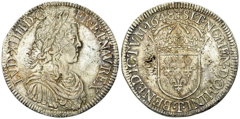 Louis XIV, AR Ecu à la mèche longue 1648 T, Nantes 

France, Royaume. Louis XI...