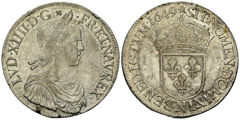 Louis XIV, AR Ecu à la mèche longue 1649 N, Montpellier 

France, Royaume. Lou...