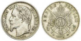 Napoléon III, AR 1 Franc 1870 BB, Strasbourg 

France. Second Empire. Napoléon III. AR 1 Franc 1870 BB (4.97 g), Strasbourg.
Gad. 463.

SUP.