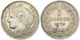 France, AR 5 Francs 1870 K, Bordeaux 

France, Gouvernement de Défense nationale (1870-1871). AR 5 Francs 1870 K (24.96 g), Bordeaux.
 Gad. 742.
...