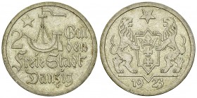 Danzig, AR 2 Gulden 1923 

Deutschland, Danzig. AR 2 Gulden 1923 (9.99 g).
 AKS 12.

Vorzüglich.