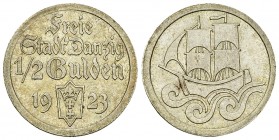 Danzig, AR 1/2 Gulden 1923 

Deutschland, Danzig. AR 1/2 Gulden 1923 (2.50 g).
 AKS 16.

Vorzüglich bis unzirkuliert.