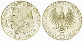 Deutschland, AR 5 Mark 1964 J, Fichte 

Deutschland, Bundesrepublik. AR 5 Mark 1964 J (11.25 g). Johann Gottlieb Fichte.
AKS 214.

Selten. Vorzüg...