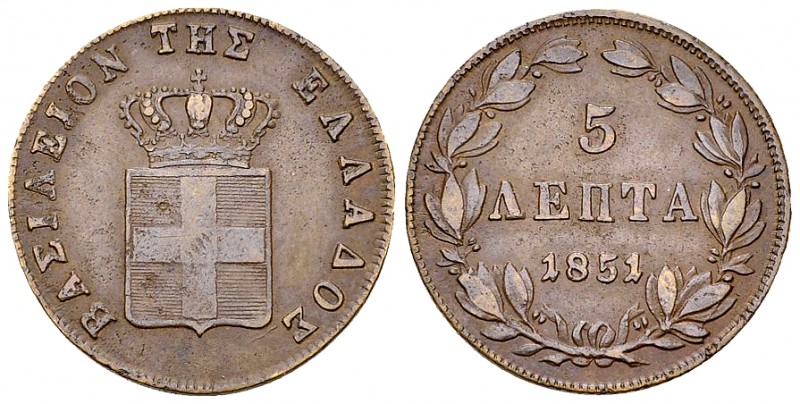 Greece 5 Lepta 1851 

Greece. Otto I. AE 5 Lepta 1851 (6.15 g).
KM 32.

Goo...