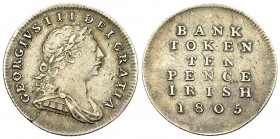 George III AR 10 Pence Token 1805, Ireland 

Great Britain. George III (1760-1820). AR 10 Pence Token 1805 (23 mm, 4.07 g, Ireland.
S. 6617; KM-Tn3...