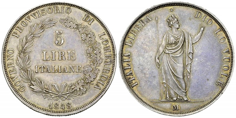 Lombardia, AR 5 Lire 1848 

Italia. Governo Provvisorio di Lombardia. AR 5 Lir...