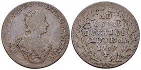 Luxembourg AE 2 Liards 1757 

Luxembourg. Maria Theresia. AE 2 Liards 1757 (27 mm, 6.48 g), Brussels.
Weiller 235.

Rare. Fine to very fine.