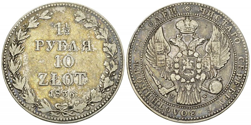 Poland AR 10 Zlotych 1836 MW, Warsaw 

Poland /Russia. Nicholas I. 1 1/2 Roubl...