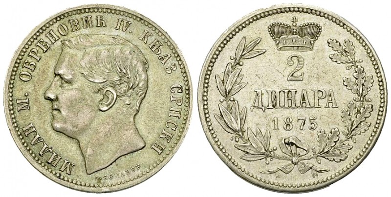 Serbia AR 2 Dinara 1875 

Serbia. Milan Obrenovich IV (as prince 1868-1882). A...