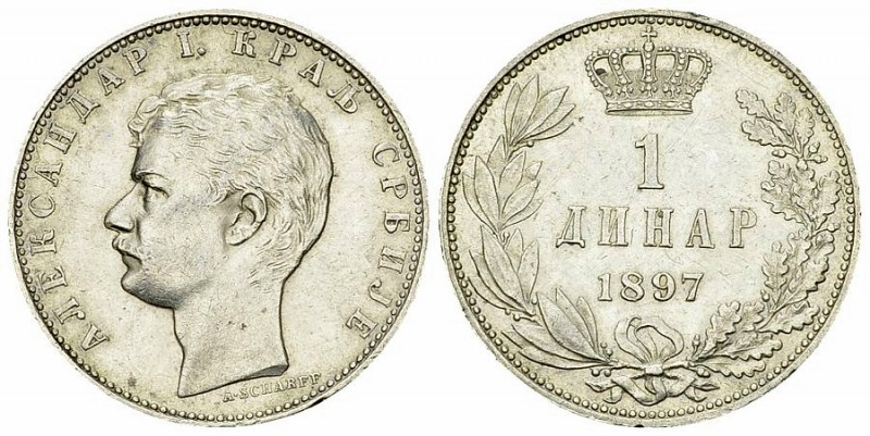 Serbia AR 1 Dinar 1897 

Serbia. Alexander I. AR 1 Dinar 1897 (5.00 g).
KM 21...