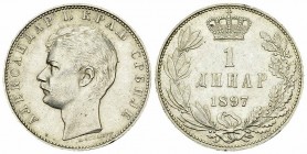 Serbia AR 1 Dinar 1897 

Serbia. Alexander I. AR 1 Dinar 1897 (5.00 g).
KM 21.

Good extremely fine.