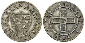 Aargau, BI 1 Kreuzer 1831 

Schweiz, Aargau, Kanton. BI 1 Kreuzer (2 1/2 Rappen) 1831 (17-18 mm, 1.03 g). 
HMZ 2-25a. 

Gutes sehr schön.