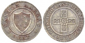 Aargau, BI 1/2 Batzen 1831 

Schweiz, Aargau. BI 5 Rappen (Halbbatzen) 1831 (1.97 g).
HMZ 2-24g.

Sehr schön.