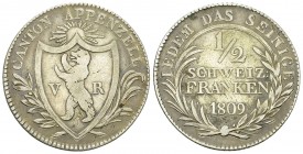 Appenzell Ausserrhoden, AR 1/2 Franken 1809 

Appenzell Ausserrhoden. AR 1/2 Franken 1809 (4.39 g).
HMZ 2­-30a.

Selten. Schön bis sehr schön.