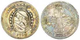 Bern, AR 10 Kreuzer 1797 

Schweiz, Bern, Stadt. AR 10 Kreuzer 1797 (20-21 mm, 2.44 g). 
HMZ 2-222o. 

Sehr schön.