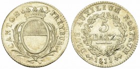 Freiburg, AR 5 Batzen 1811 

Schweiz, Freiburg/Fribourg. AR 5 Batzen 1811 (25 mm, 4.45 g). Schnurrand.
HMZ 2-285b.

Sehr schön.