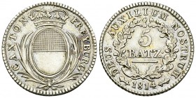 Freiburg, AR 5 Batzen 1814 

Schweiz, Fribourg/ Freiburg. AR 5 Batzen 1814 (25 mm, 4.56 g).
HMZ 2-285c.

Sehr schön.