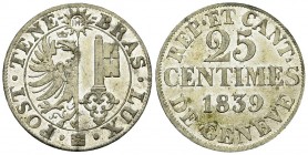 Genf, BI 25 Centimes 1839 

Schweiz, Genf /Genève. BI 25 Centimes 1839 (4.24 g).
HMZ 2-365a.

Vorzüglich bis unzirkuliert.