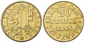 Genf, AV 20 Francs 1848 

Schweiz. Genf /Genève. AV 20 Francs 1848 (7.58 g).
D.T. 277; HMZ 2-361a; Fr. 263.

Fast vorzüglich.