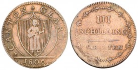 Glarus, BI 3 Schilling 1806 

Schweiz, Glarus, Kanton. BI 3 Schilling (9 Rappen) 1806 (22 mm, 2.24 g). 
HMZ 2-373a. 

Selten. Gutes schön.