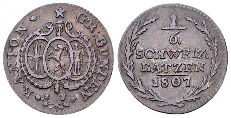 Graubünden, BI 1/6 Batzen 1807 

Schweiz. Graubünden, Kanton. BI 1/6 Batzen 18...