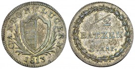 Luzern, B 1/2 Batzen 1813 

Schweiz, Luzern, Kanton. B 1/2 Batzen 1813 (22 mm, 1.99 g). 
HMZ 2-674a. 

Sehr schön bis vorzüglich.