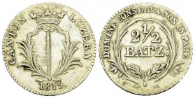Luzern, AR 2 1/2 Batzen 1815, CANTON 

 Schweiz, Luzern, Kanton. AR 2 1/2 Batzen 1815 (21 mm, 2.10 g), CANTON. 
HMZ 2-672b. 
 
 Sehr schön.