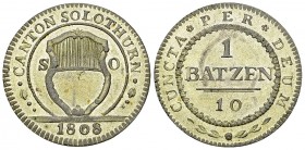 Solothurn, BI 1 Batzen 1808, sehr seltene Variante 

Schweiz, Solothurn. BI Batzen 1808 (2.67 g). Variante ohne Kornähren.
HMZ 2-859d.

Sehr selt...