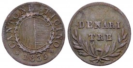 Tessin, CU 3 Denari 1835 

Schweiz, Tessin /Ticino. CU 3 Denari 1835 (1.72 g).
HMZ 2-930b.

Sehr schön.