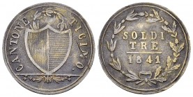 Tessin, BI 3 Soldi 1841 

Schweiz, Tessin /Ticino. BI 3 Soldi 1841 (1.72 g).
HMZ 2-928f.

Sehr schön.