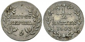 Helvetische Republik, BI 1/2 Batzen 1803 

Schweiz. Helvetische Republik. BI 1/2 Batzen 1803 (1.86 g).
HMZ 2-1190f.

Gutes sehr schön.