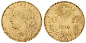 Schweiz, AV 10 Franken 1916 B, Vreneli 

Schweiz, Eidgenossenschaft. AV 10 Franken 1916 B (3.22 g). Bern. 
KM 36. 

Seltenerer Jahrgang. Fast unz...