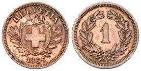 Schweiz, AE 1 Rappen 1866 B 

Schweiz, Eidgenossenschaft. AE 1 Rappen 1866 B (1.51 g), Mzst. Bern. KM 3.1; HMZ 2-1215j.

 Gereinigt. Sehr schön bi...