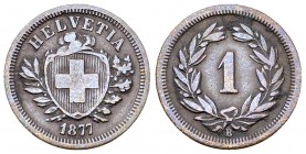 Schweiz, AE 1 Rappen 1877 B 

Schweiz, Eidgenossenschaft. AE 1 Rappen 1877 B (1.48 g), Mzst. Bern.
 KM 3.1; HMZ 2-1215p.

Sehr schön.