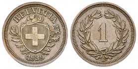 Schweiz, AE 1 Rappen 1939 B 

Schweiz, Eidgenossenschaft. AE 1 Rappen 1939 B (1.47 g), Mzst. Bern. KM 3.2; HMZ 2-1215qqq. 

Seltener Jahrgang. Gut...
