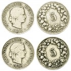 Schweiz, 2 Stück CU-NI 5 Rappen 1890, ca. 20° verdreht 

Schweiz, Eidgenossenschaf. Fehlprägungen. 2 Stück CU-NI 5 Rappen 1890 (1.92 u. 1.96 g), Vor...