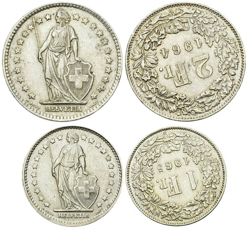 Schweiz, AR 2 Fr. 1964 und AR 1 Fr. 1965, ca. 20° verdreht 

Schweiz, Eidgenos...