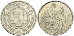 Schaffhausen, AR 5 Franken 1865, Eidg. Schützenfest 

Schweiz, Eidgenossenschaft. Schützentaler. Schaffhausen. AR 5 Franken 1865 (25.03 g), Eidgenös...